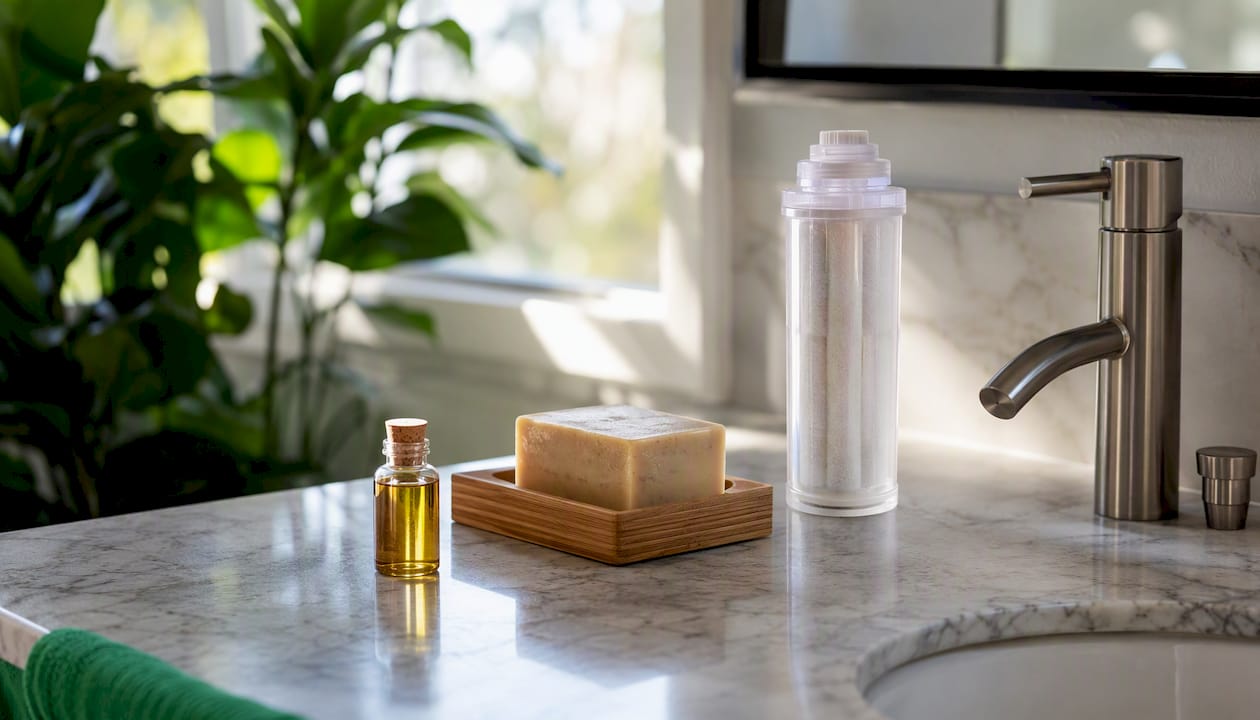 Close-up of natural shower accessories on bathroom counter