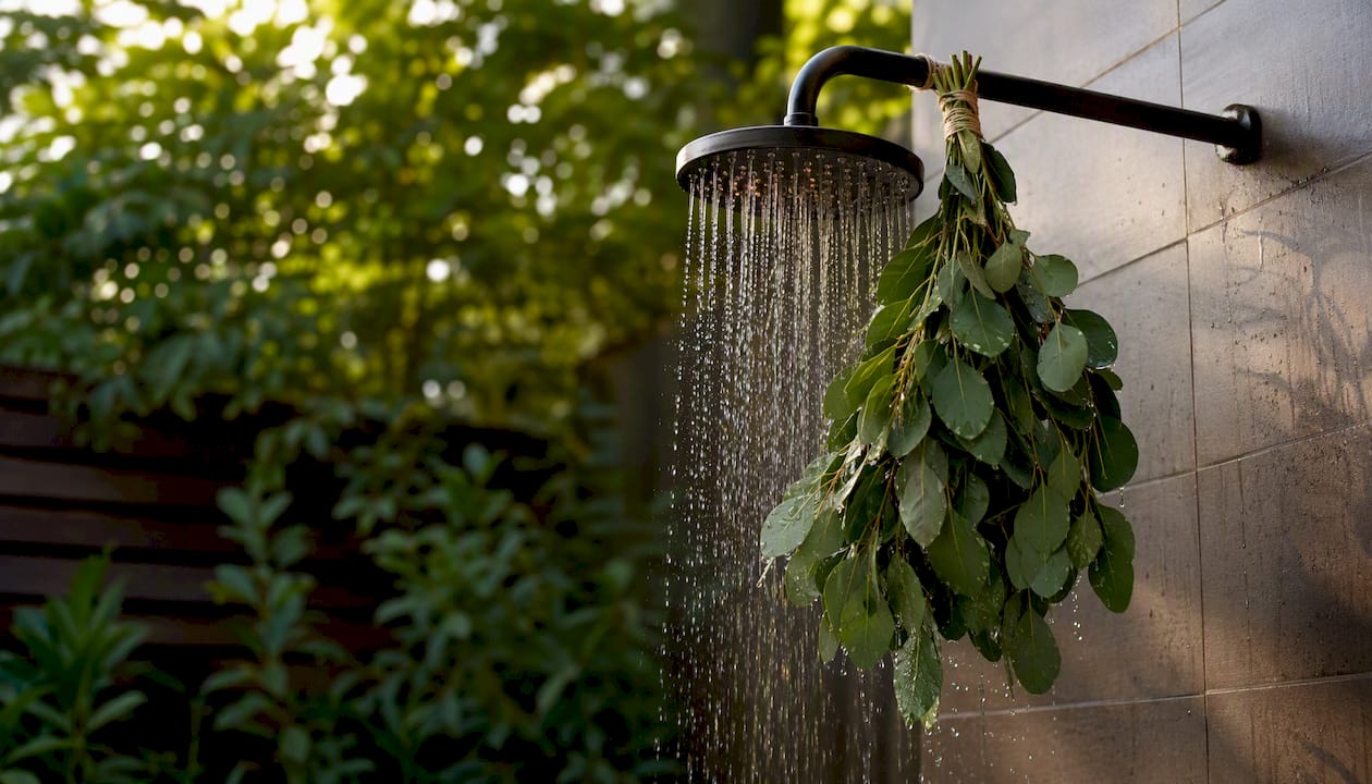 Eucalyptus herb bundle tied to shower head