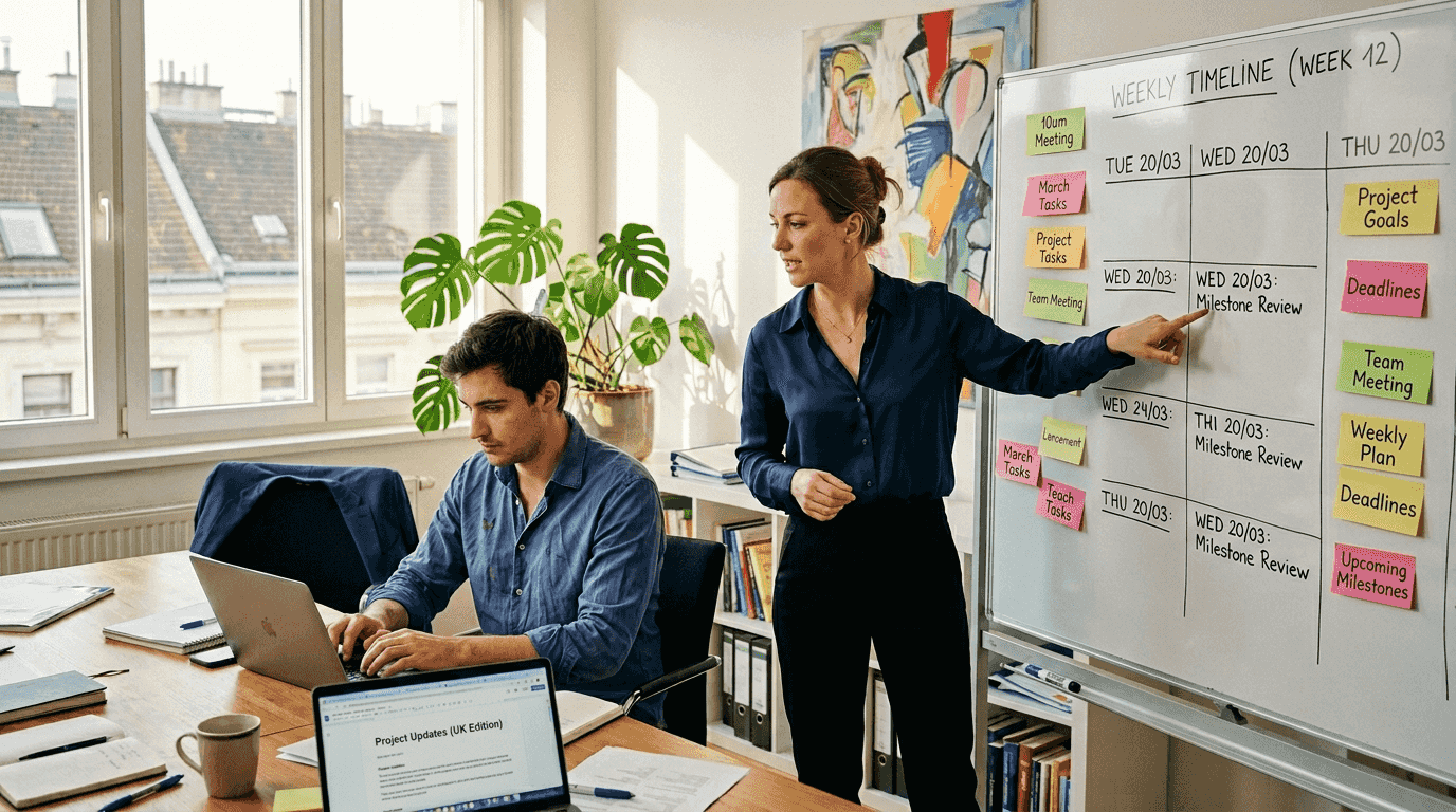 Project manager reviews multilingual localisation plan