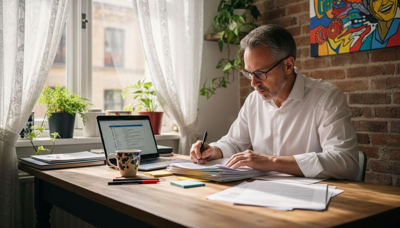Translator revising documents at kitchen table