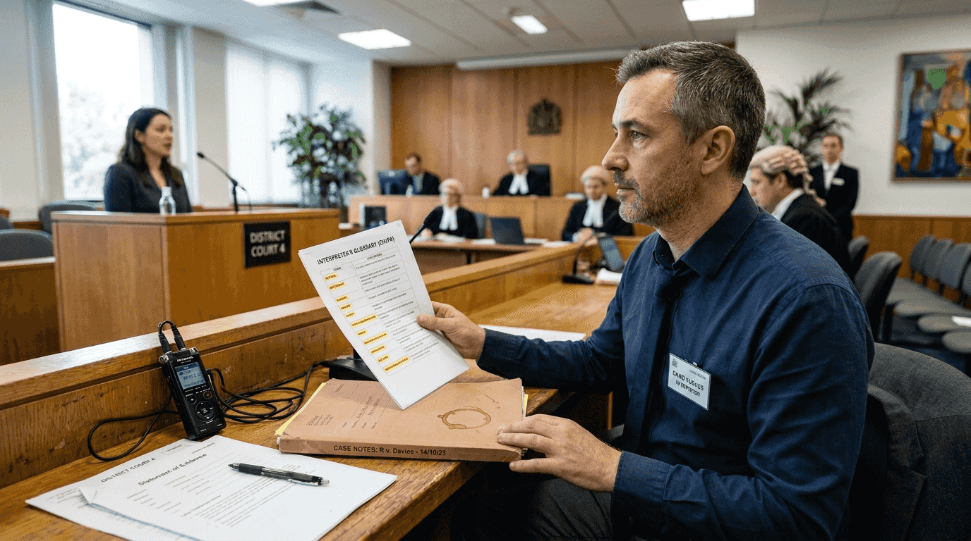 Interpreter listening as witness speaks in court
