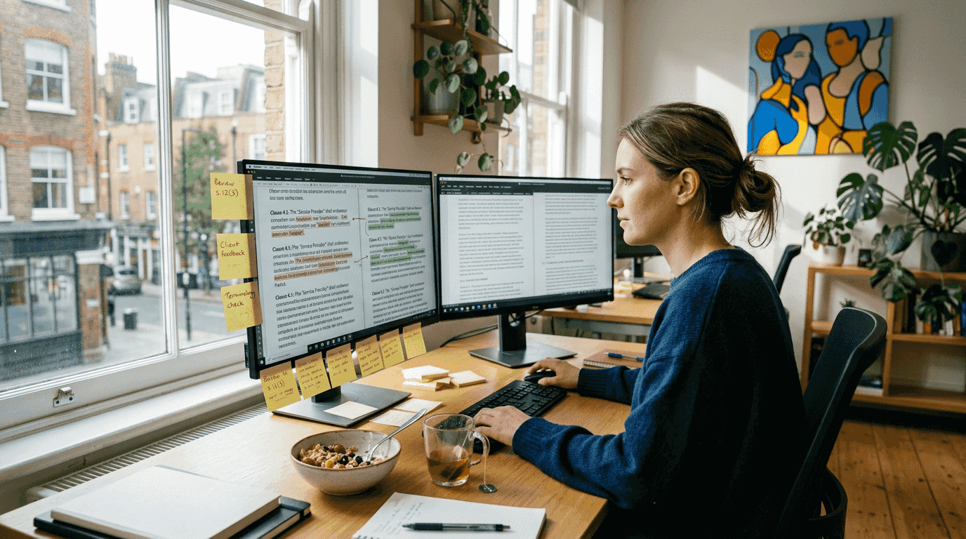 AI specialist reviewing bilingual legal text on monitors