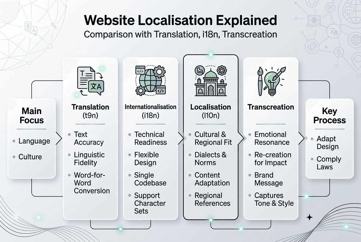Infographic comparing localisation to translation and i18n