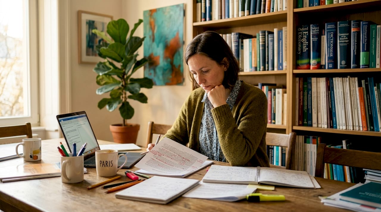 Translator compares printout with language notes