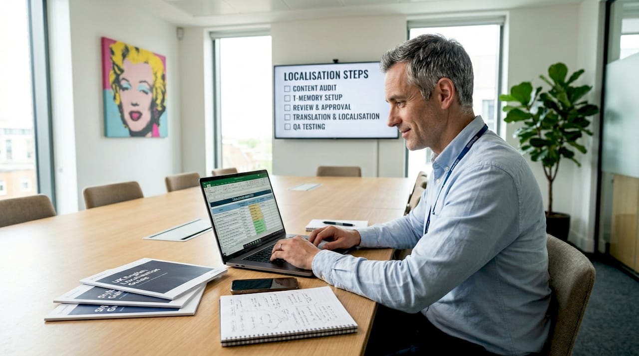 Man updating localisation workflow at conference table