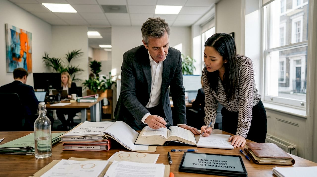 Attorney and interpreter review legal documents together