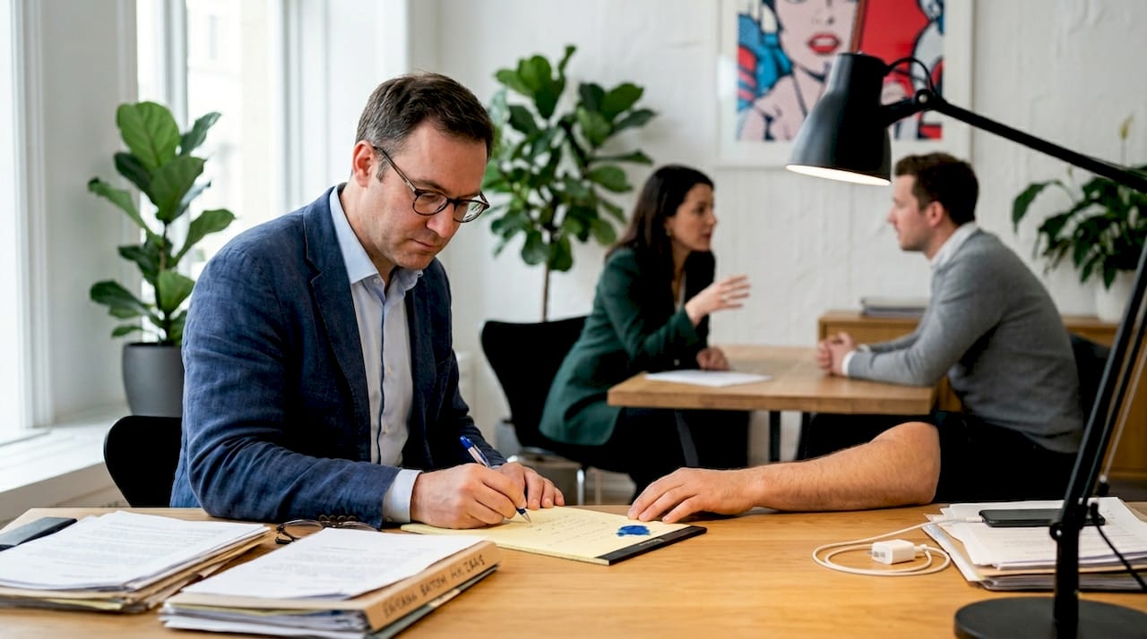 Interpreter taking notes in legal office