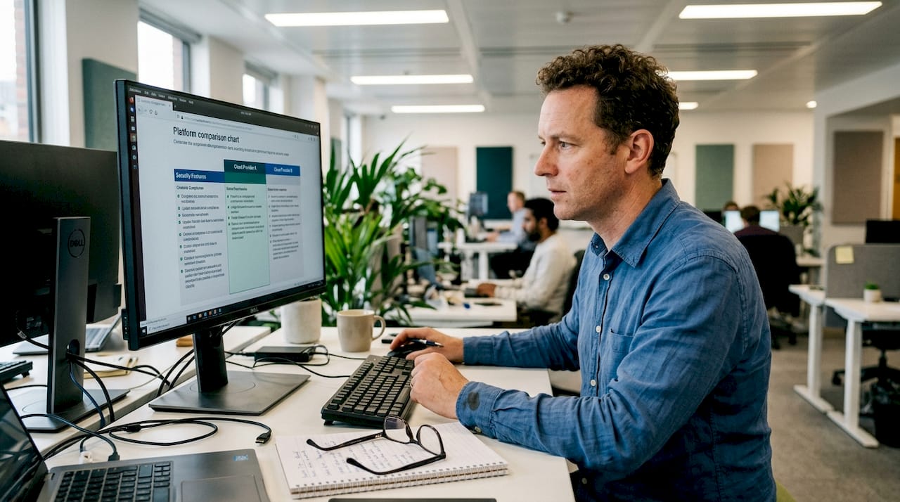 Manager comparing online security platforms