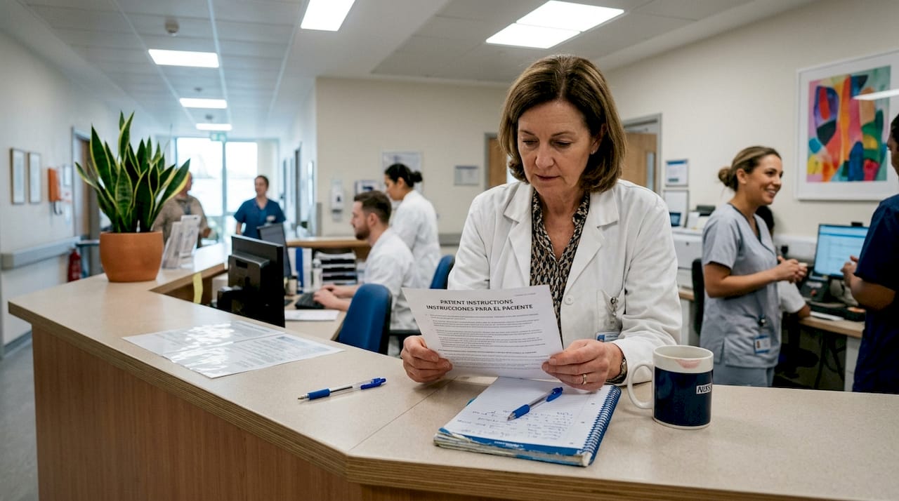 Doctor checks translated patient instructions at nurses’ station