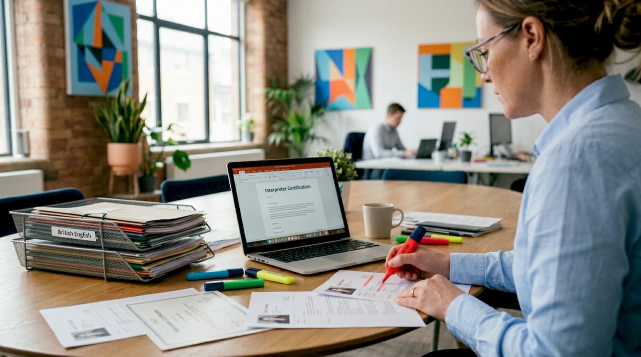 Manager reviewing interpreter certification documents at desk