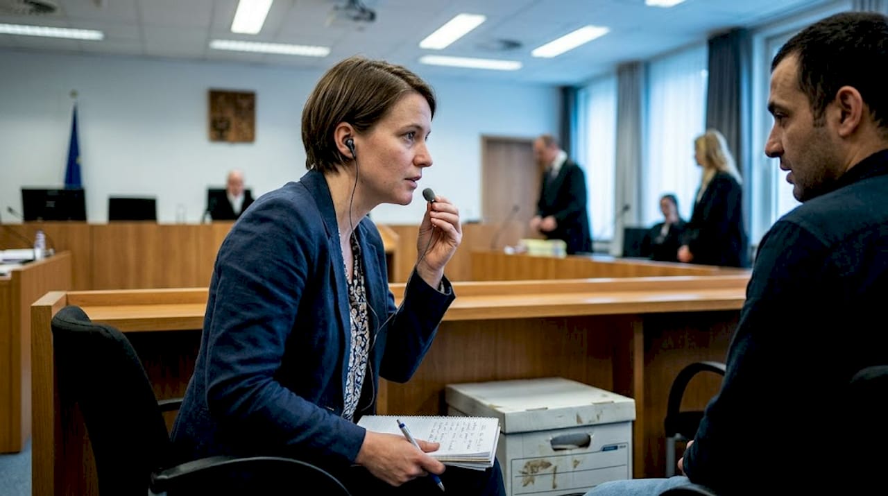Court interpreter speaking to defendant in session