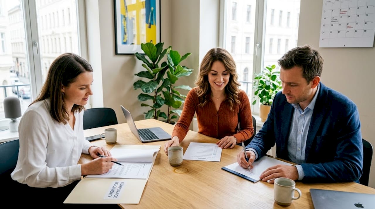 Business team discussing compliance translation paperwork