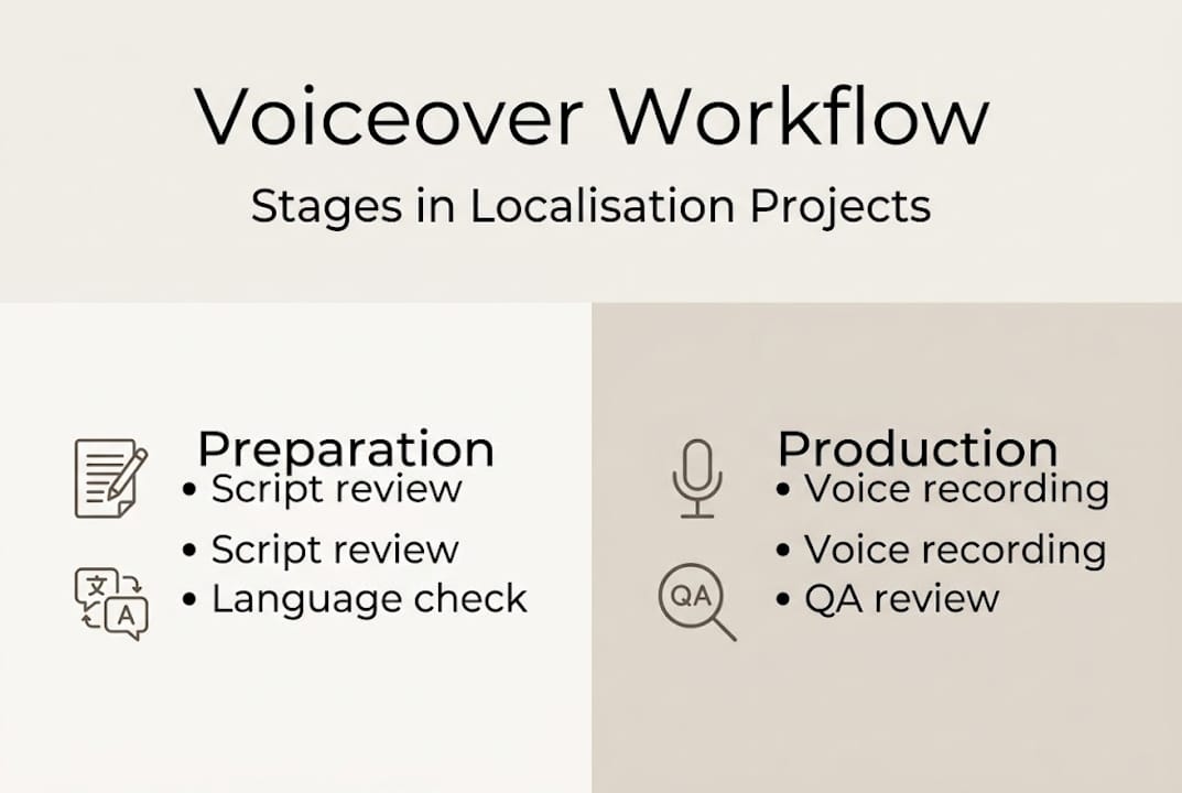Infographic of key voiceover localisation workflow stages