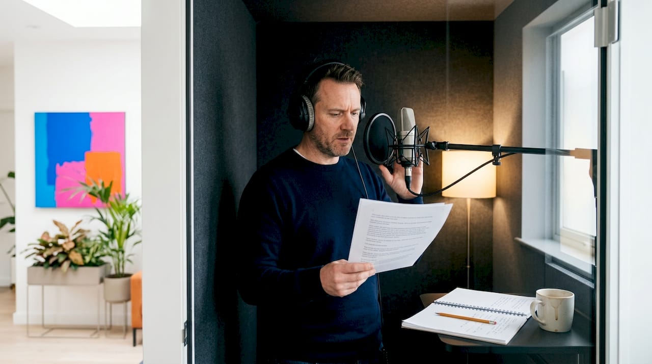 Voice artist recording script in home studio