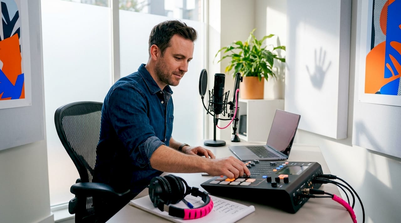 Engineer editing voiceover in recording studio