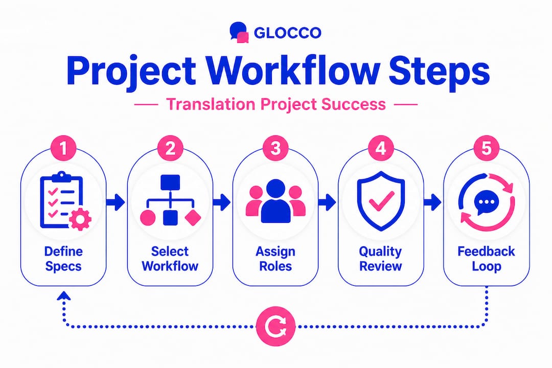 Infographic shows steps for translation project workflow