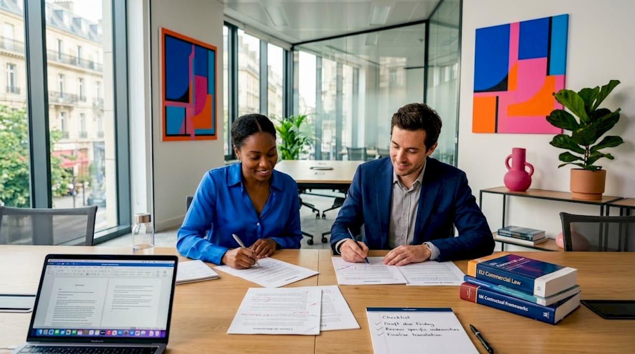 Professionals collaborating on contract translation