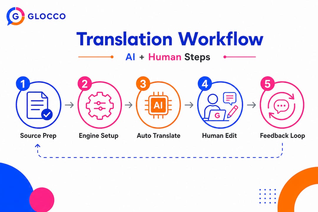 Infographic of AI translation workflow steps