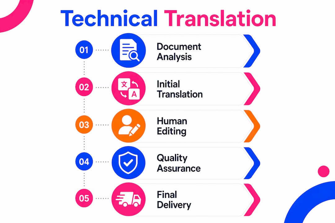 Infographic showing five key steps in technical translation process