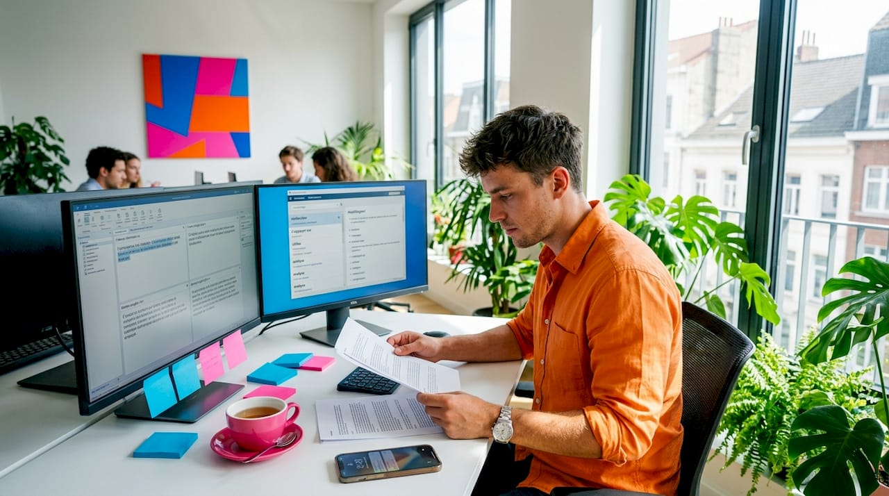 Translator reviewing multilingual documents at desk