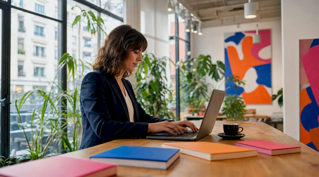 Hands typing on laptop in translation workspace