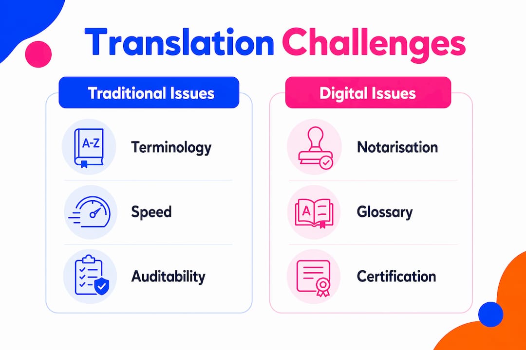 Infographic comparing traditional and digital translation challenges