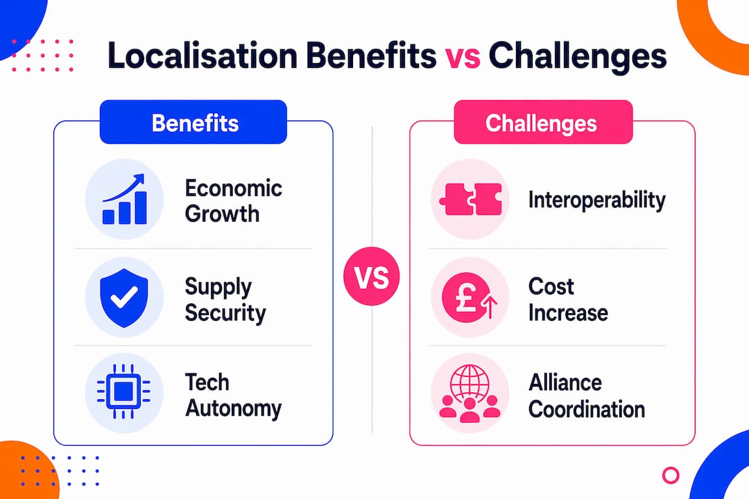 Infographic comparing benefits and challenges of defence localisation