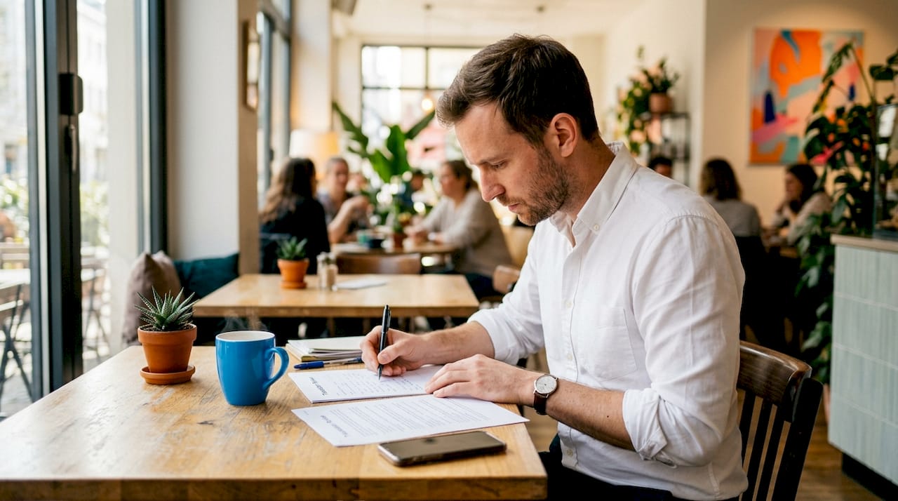 Professional man taking notes during translation review