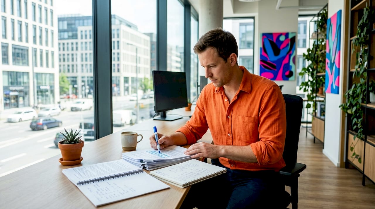 Male translator highlighting arbitration documents in library