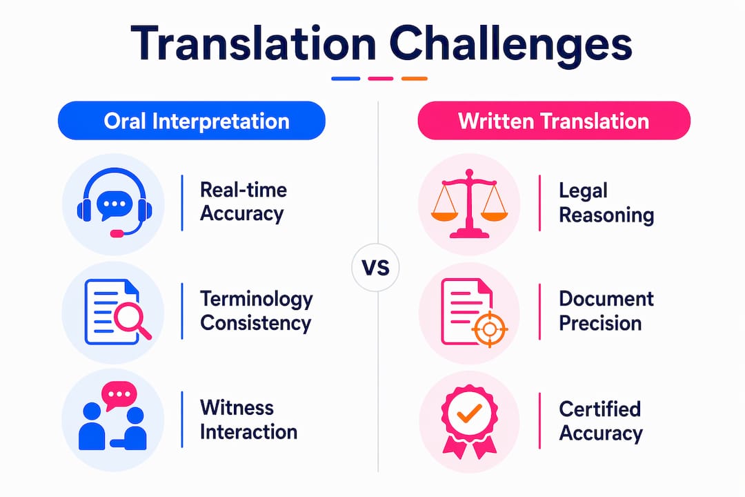 Infographic showing oral vs written translation challenges in arbitration