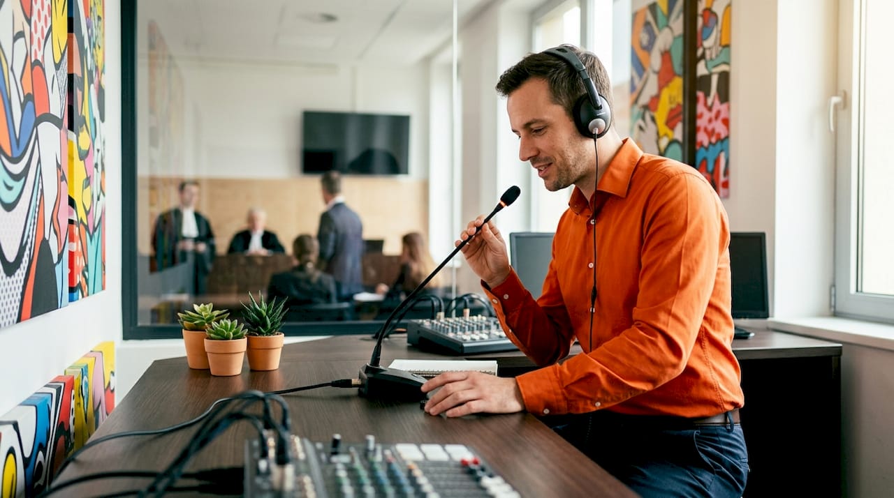 Male interpreter speaking into microphone in interpretation booth
