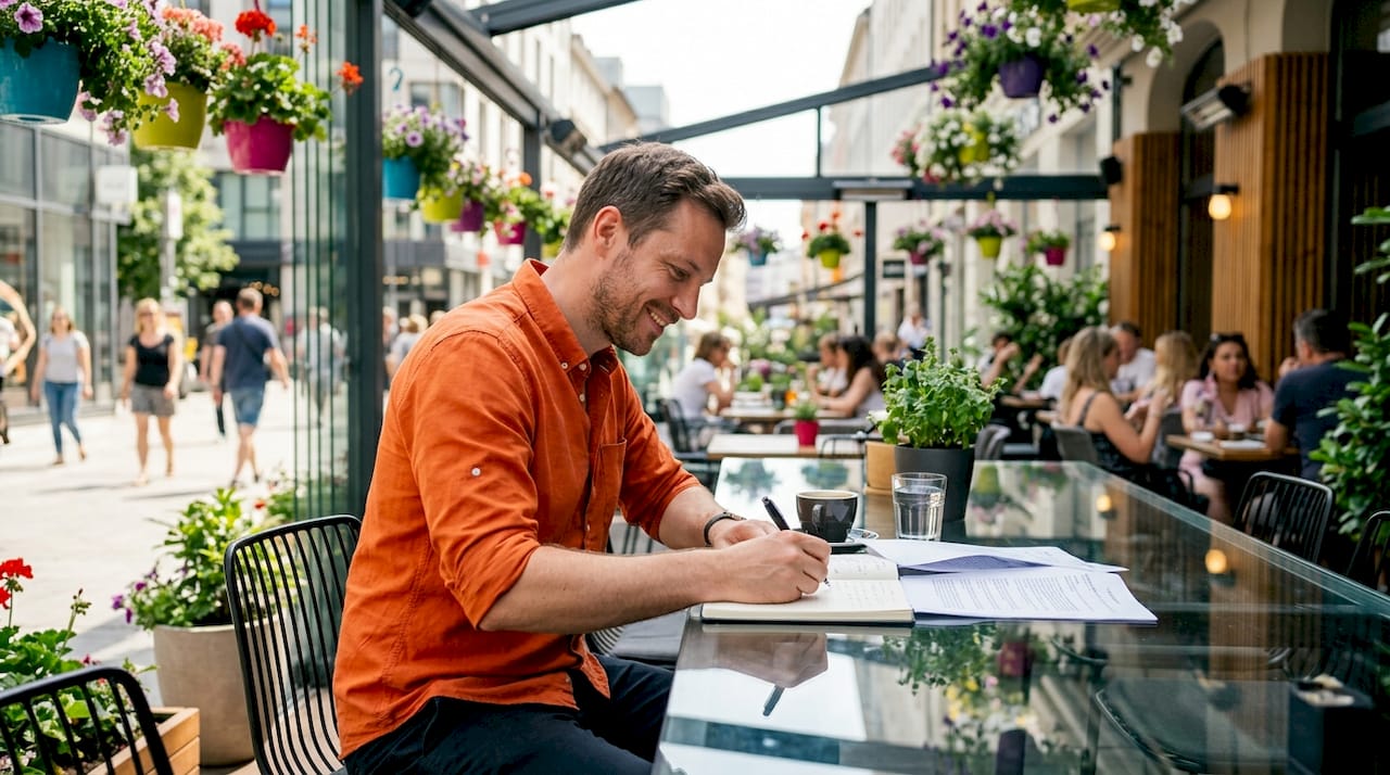 Professional reviewing legal translation documents in coworking space