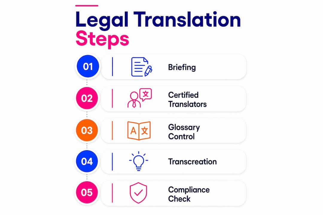 Infographic illustrating five steps in legal translation process