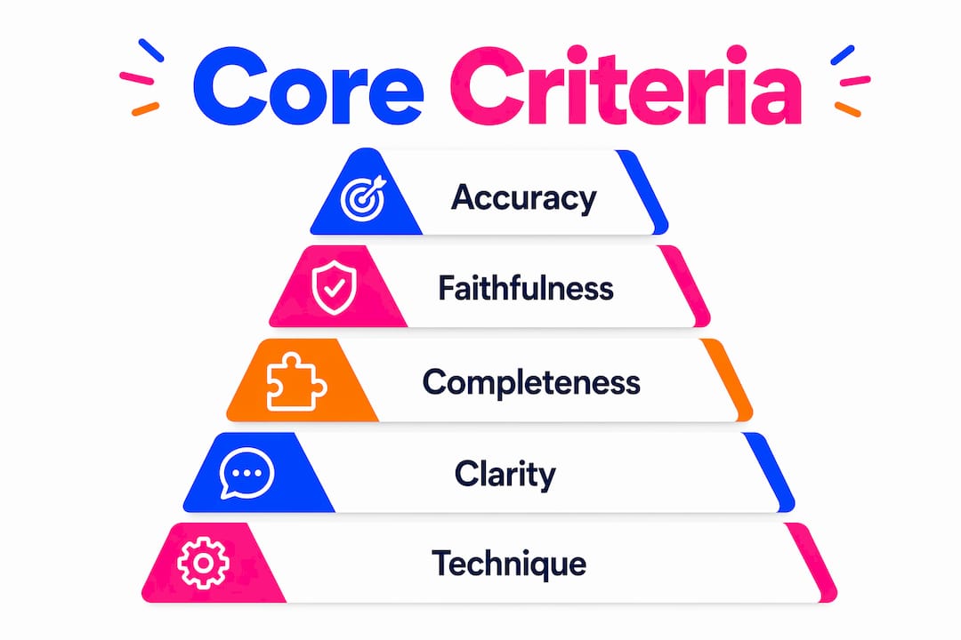 Hierarchy infographic of five core interpreter evaluation criteria