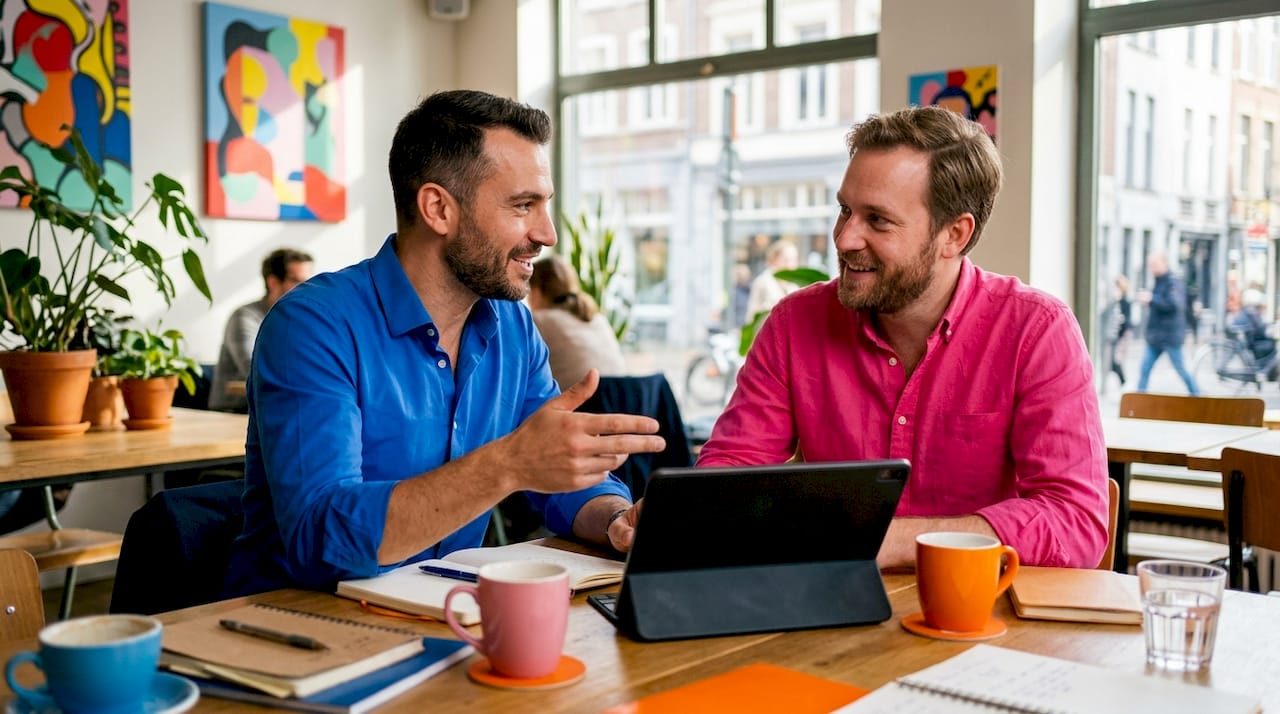 Two professionals discussing real-time language technology