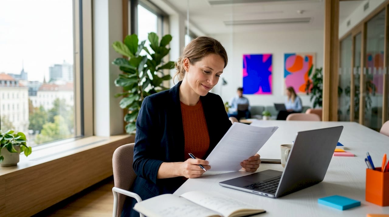 Businesswoman reviewing contract in cozy office