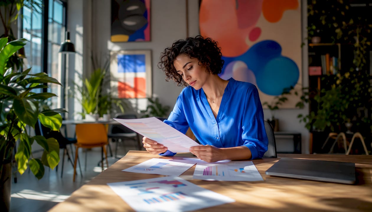 Woman reviewing localisation case studies in cozy office