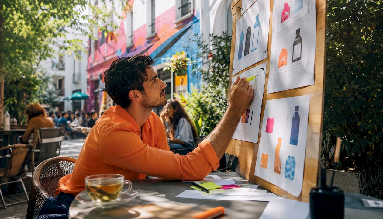 Man reviewing localization labelling drafts in home office