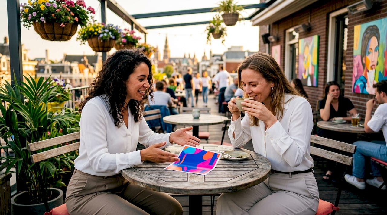 Two businesswomen collaborating on labeling in a cozy café