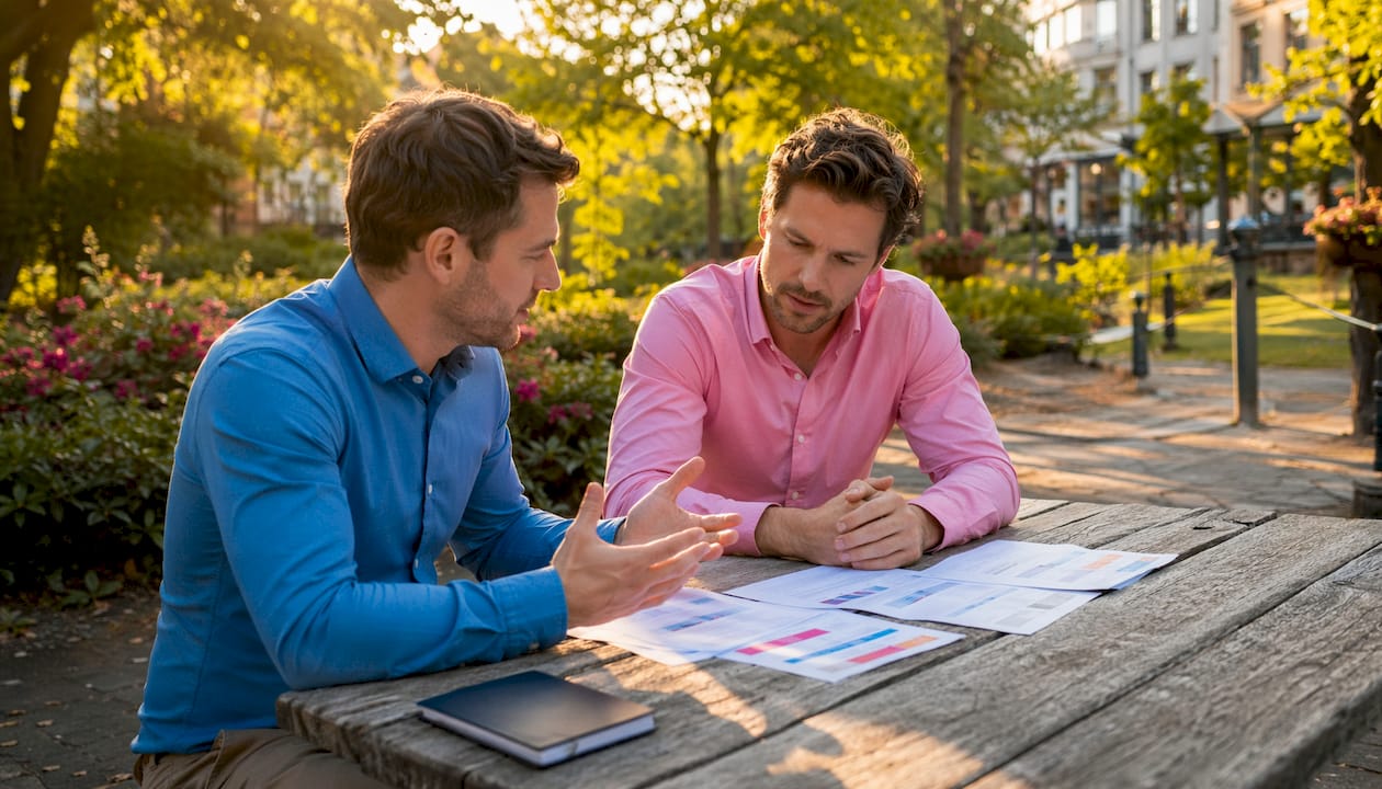 Two men discussing compliance translations together