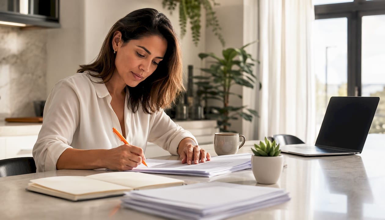 Woman annotating modular contract templates at home study