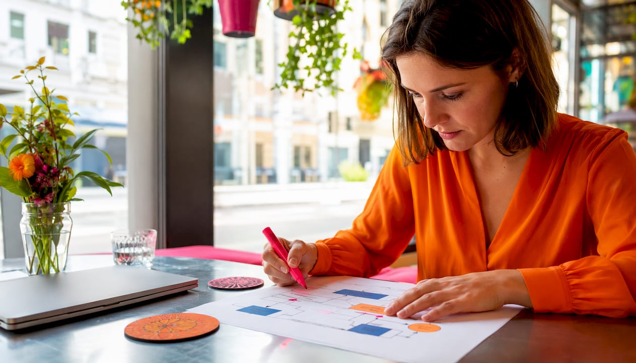 Woman reviewing translation workflow diagram