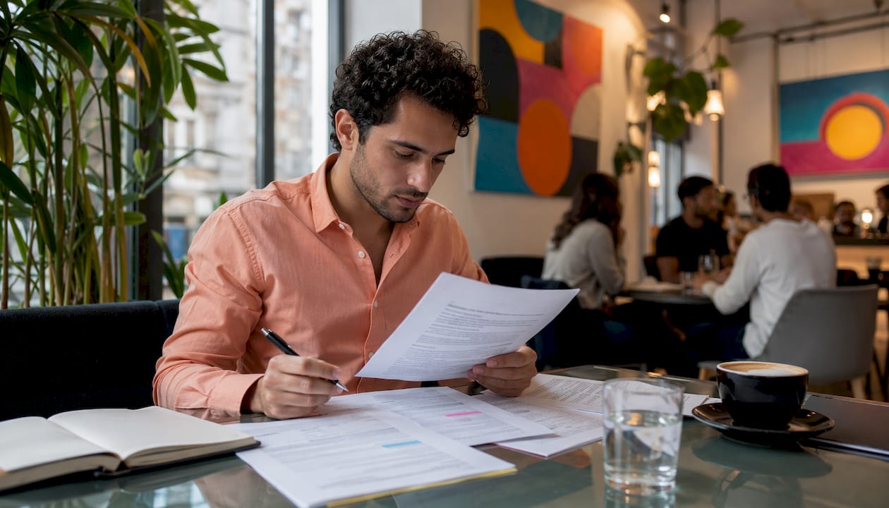 Man reviewing legal contract details attentively