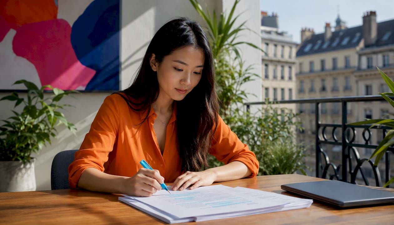 Woman reviewing legal compliance glossary paper