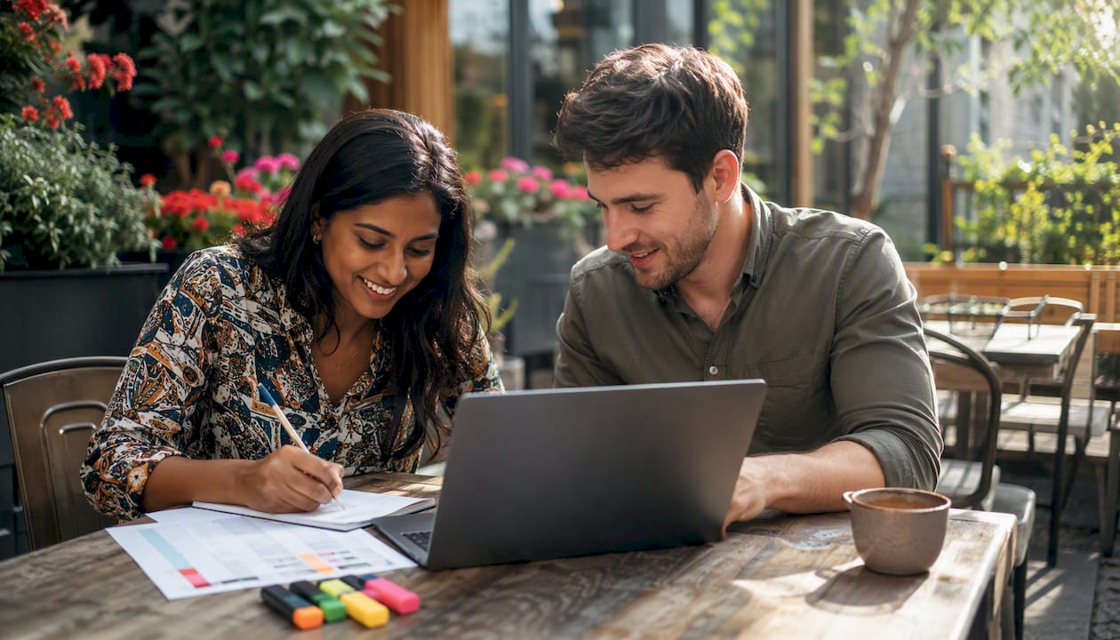 Two professionals reviewing glossary spreadsheet in café