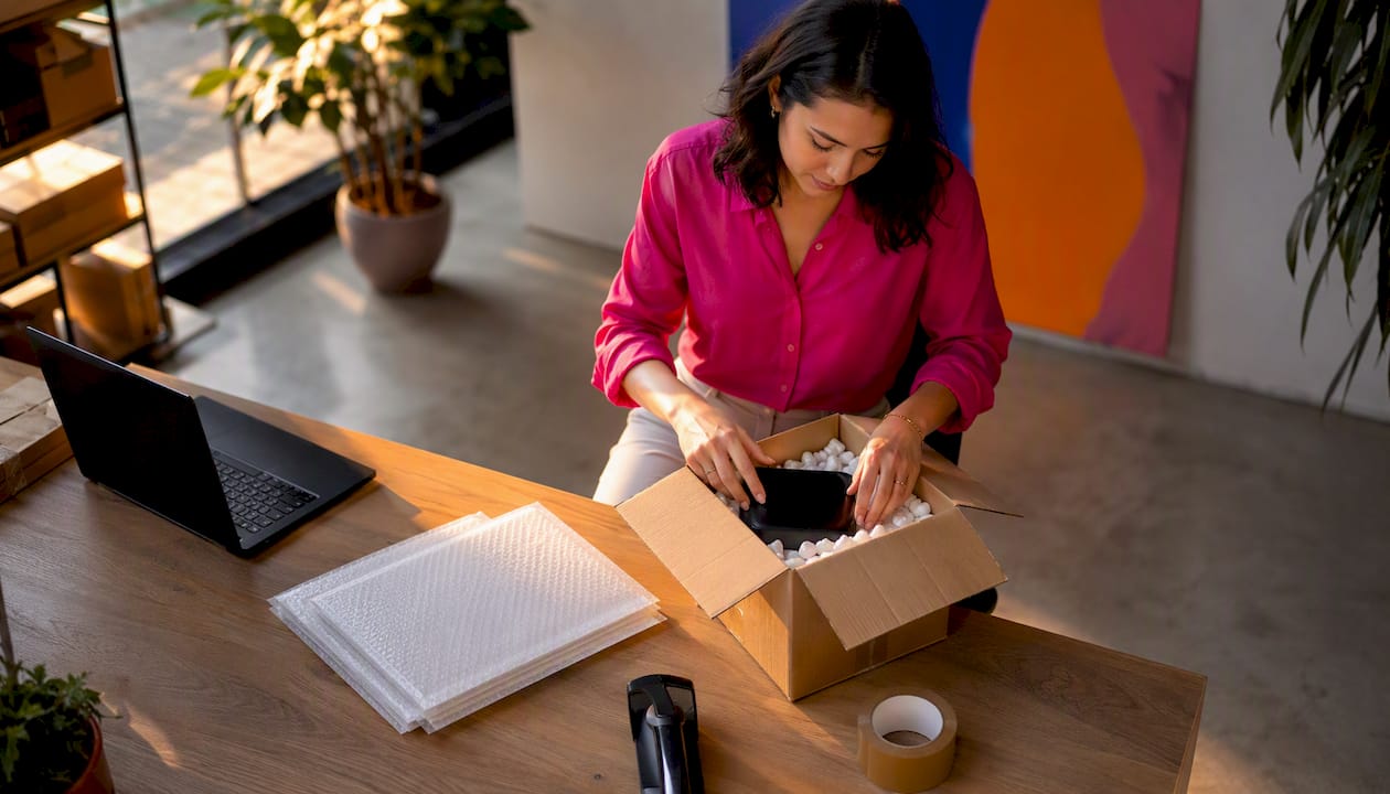 Woman preparing package for export shipment