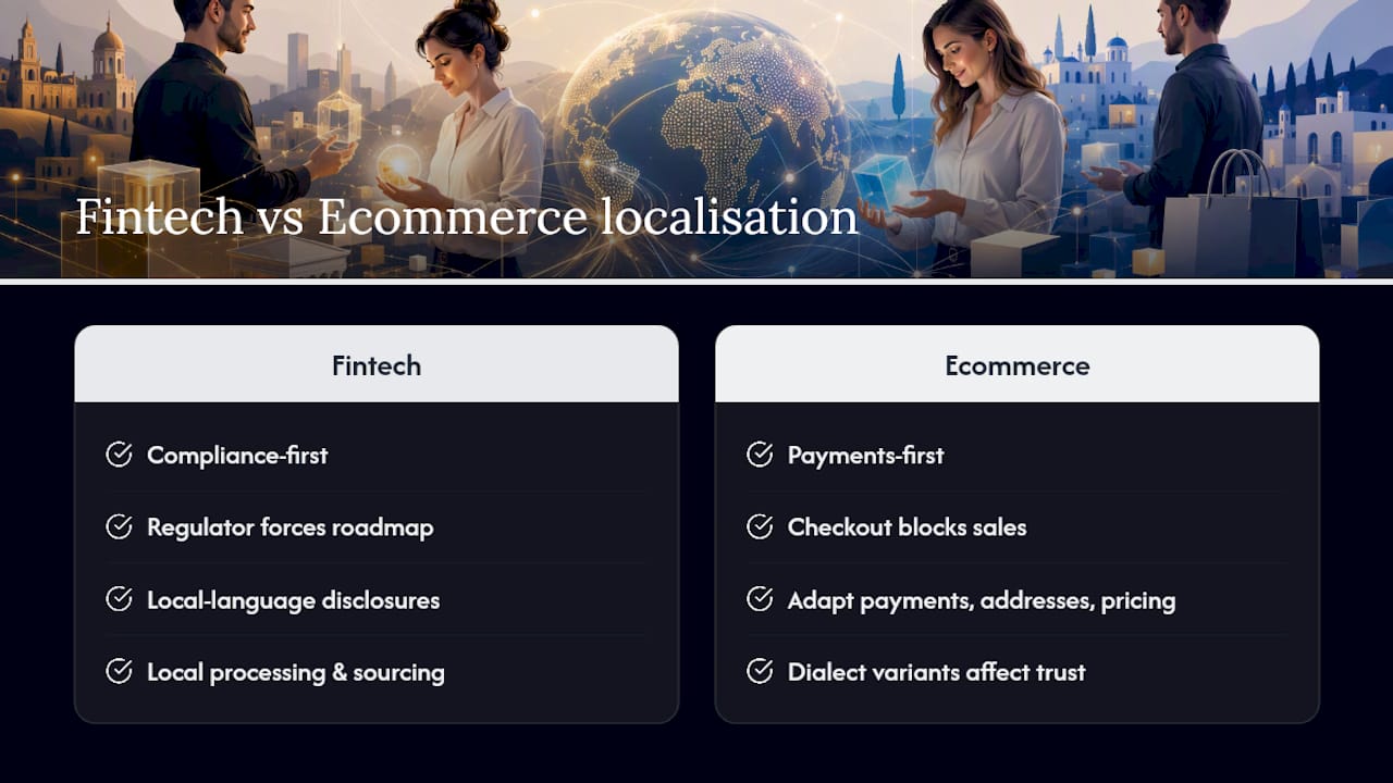 Diagram comparing fintech and ecommerce localisation challenges