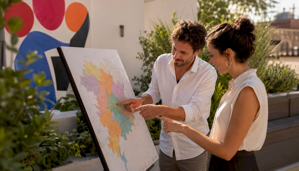 Professionals discussing British regional dialect map