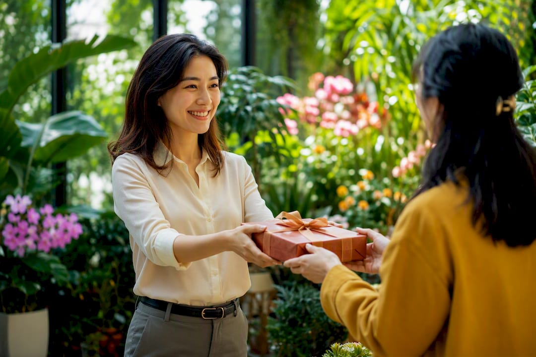 Woman presenting gift with both hands