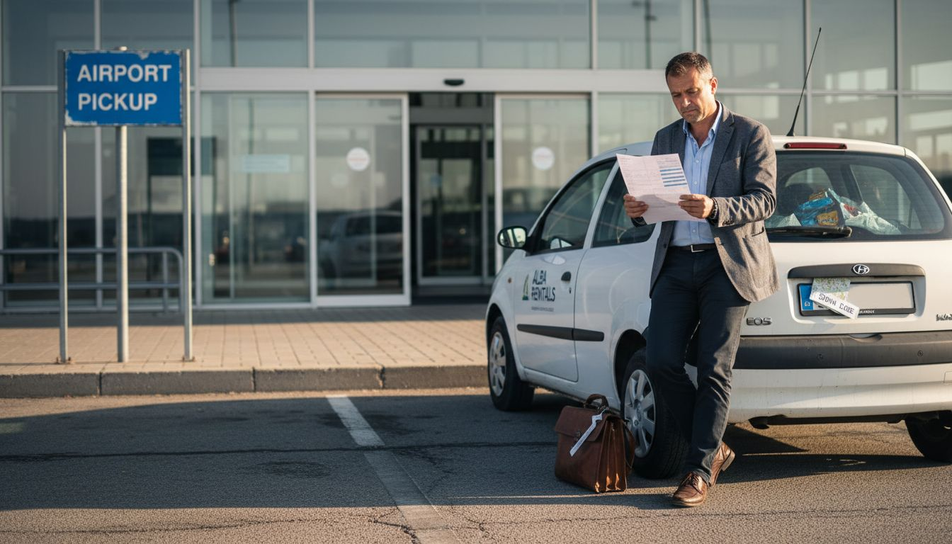 Traveler reviews car rental invoice at airport